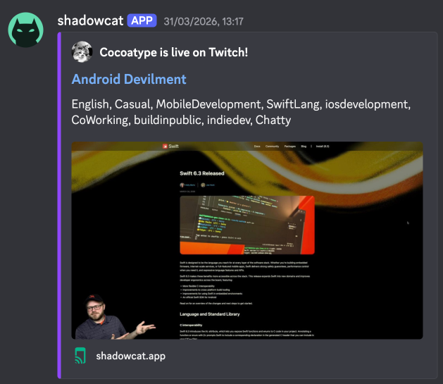 ShadowCat go-live notification in Discord